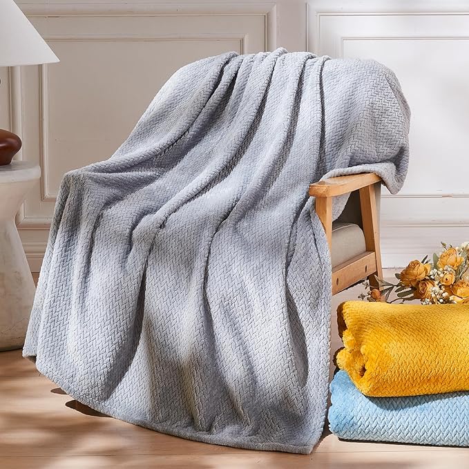 NEWCOSPLAY Super Soft King Blanket Grey Premium Silky Flannel Fleece Leaves Pattern Lightweight Bed Blanket All Season Use (Grey, King(90"x110"))