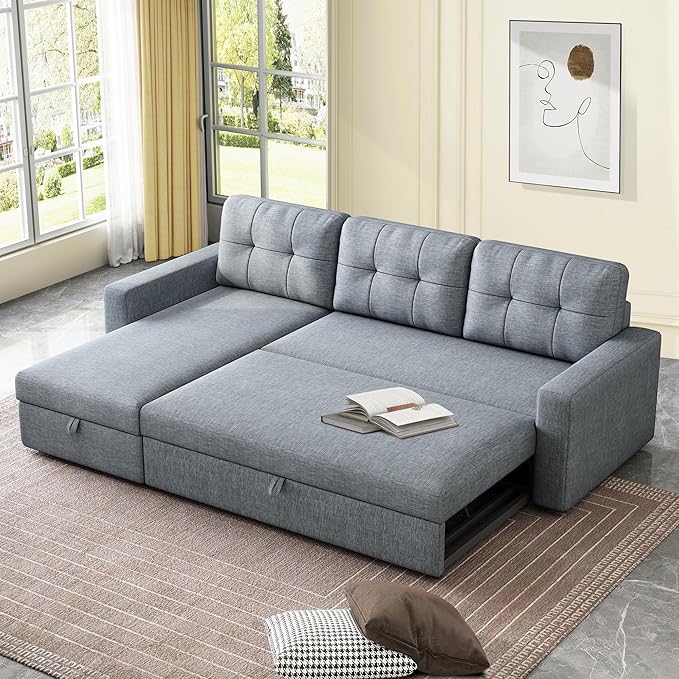 Upholstered Sleeper Sofa, L Shaped Sectional Couch with Reversible Storage, Convertible Corner Lounge Couches w/Pull Out Sofabed for Living Room, Apartment,Light Grey
