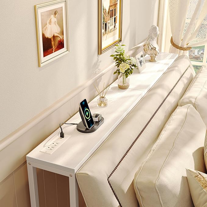 SUPERJARE Console Table with Outlet, 63 Inch Sofa Table with Charging Station, Narrow Entryway Table, Skinny Hallway Table, Behind Couch Table, for Living Room, Plants, White