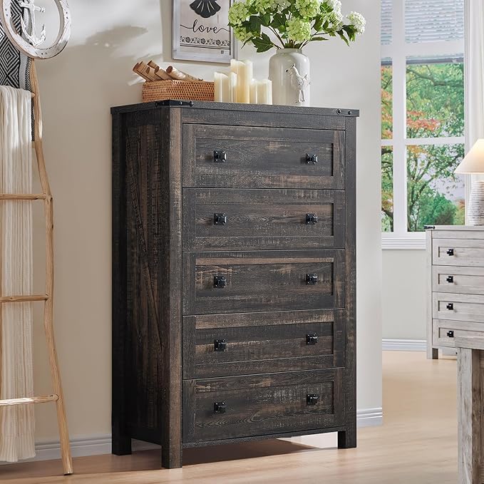 RedLemon Farmhouse 5 Drawer Dresser, 48" Tall Rustic Chest of Drawers, Wood Dresser for Bedroom, Living Room, Hallway, Dark Rustic Oak