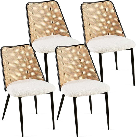 Rattan Dining Chairs Set of 4, Modern Mid Century Dining Chairs Upholstered Kitchen Chairs Boucle Stylish Cane Chairs with Metal Legs for Apartment, Dining Room