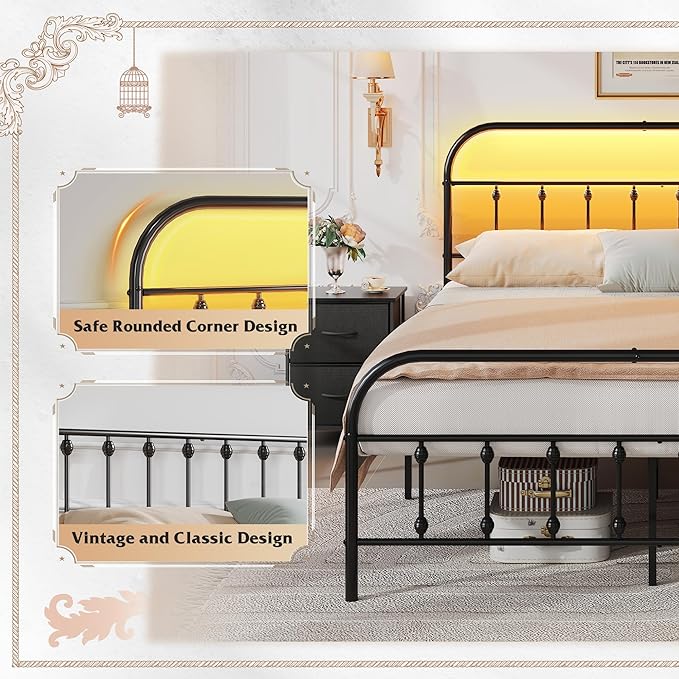 WLIVE Queen Bed Frame with Headboard, Bed Frame Queen Size with LED Lights and Charging Station, Metal Bed Frames with Storage, Black