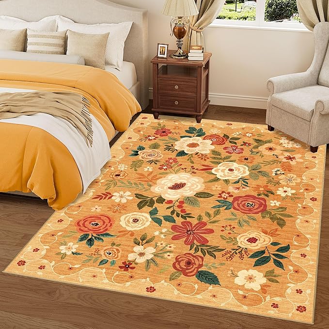 DUKINO 6x9 Area Rug, Floral Rugs for Living Room, Lightweight Non Slip Washable Rug, Indoor Low Pile & Non-Shedding Boho Design Rugs for Bedroom, Living Room, Dining Room, Orange