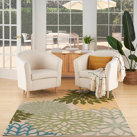 Nourison Home Aloha Tropical Indoor/Outdoor Green Multicolor 3'6" x 5'6" Area Rug, Easy Cleaning, Non Shedding, Bed Room, Living Room, Dining Room, Backyard, Deck, Patio (4x6)