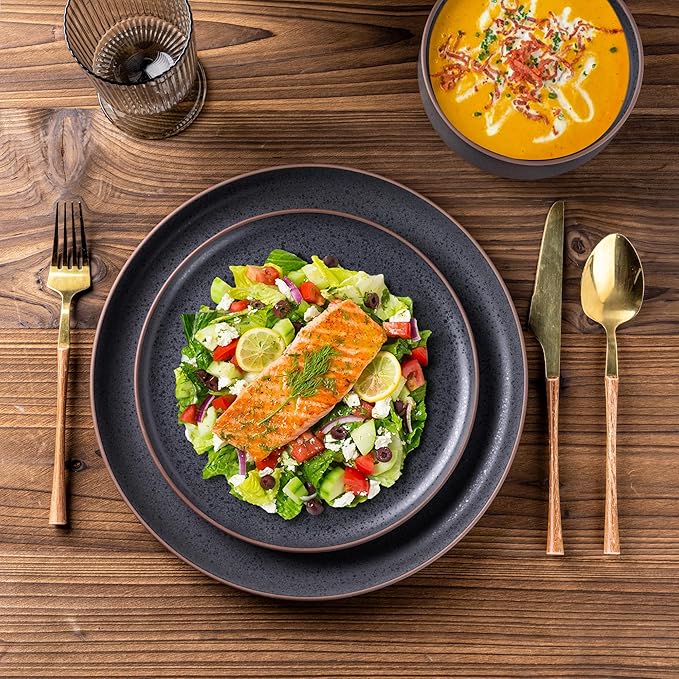 LERATIO Stoneware Dinnerware Sets for 4,Handcarft Ceramic Plates and Bowls Sets,Chip and Scratch Resistant Dishes, Dishwasher & Microwave Safe, Oven safe,Reactive Glaze-Speckled Ashen