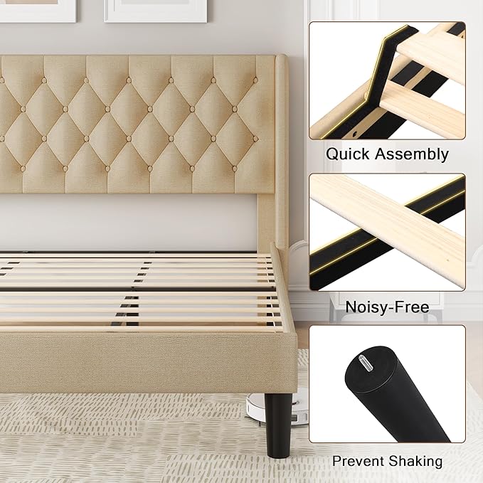 King Size Upholstered Bed Frame with Wingback Headboard, Fabric Linen Platform Bed, 8" Under Bed Storage, Wooden and Metal Slats Support, No Box Spring Needed, Beige