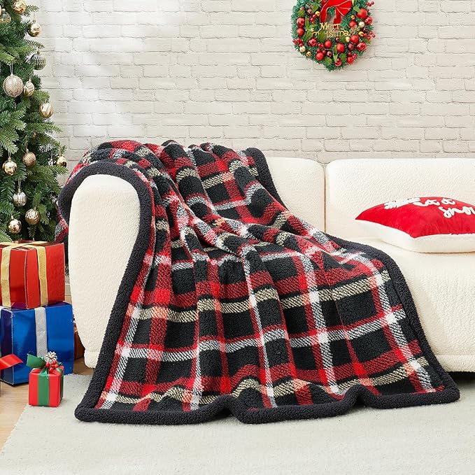 Cozy Bliss Ultra Soft Reversible Double Sherpa Sided Blanket, Buffalo Plaid Throw Blanket Fluffy Thick Warm Plush Fuzzy Blanket for Couch, Bed and Gifts (Scotland Plaid Red, 50" x 60")