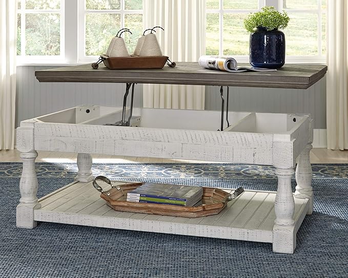 Signature Design by Ashley Havalance Farmhouse Lift Top Coffee Table with Fixed Shelf and 2 Hidden Storage Trays, Gray & White with Weathered Finish