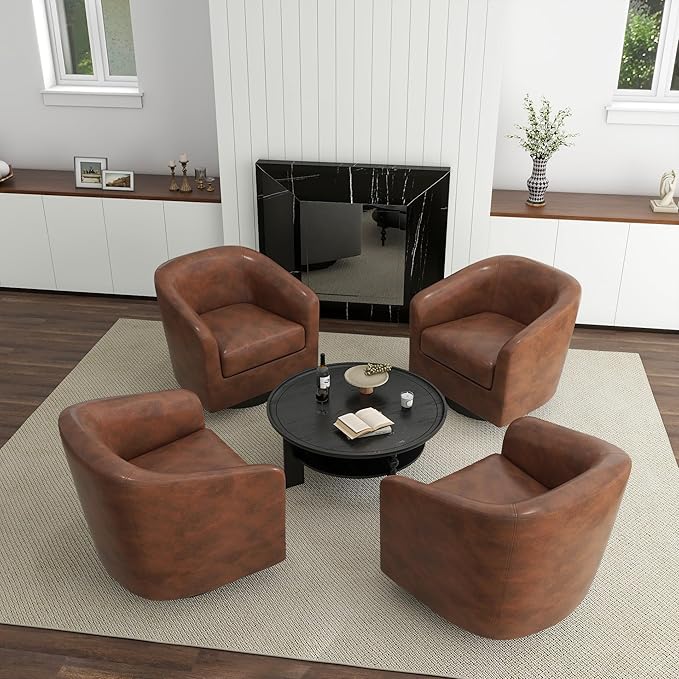 UIXE 360° Swivel Barrel Accent Chair Armchair, PU Leather Round Club Arm Chair for Lving Room, Modern Upholstered Small Bedroom Single Sofa Seat - Coffee Brown, Set of 4