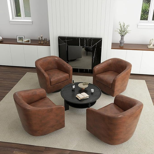UIXE 360° Swivel Barrel Accent Chair Armchair, PU Leather Round Club Arm Chair for Lving Room, Modern Upholstered Small Bedroom Single Sofa Seat - Coffee Brown, Set of 4
