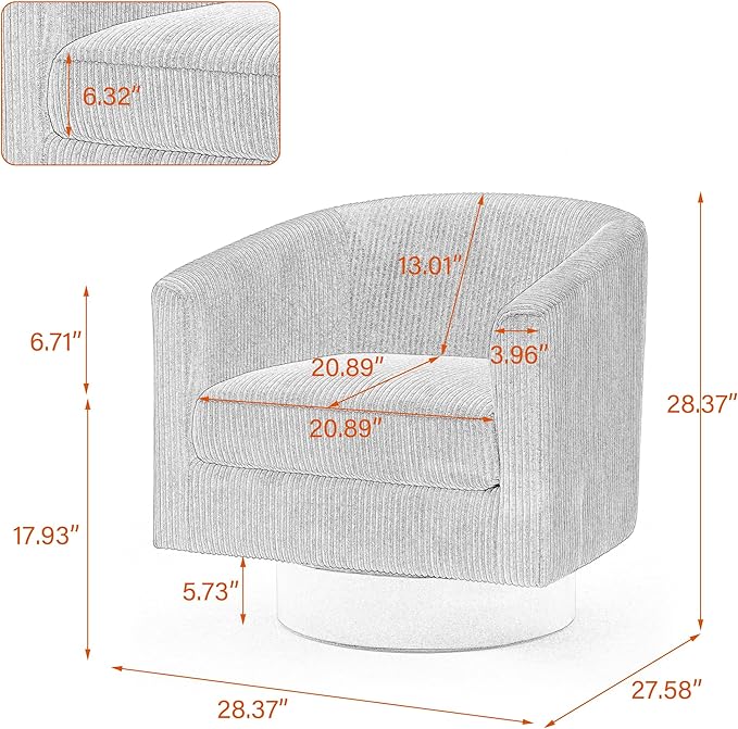 UIXE Swivel Accent Chair, Upholstered Corduroy Barrel Chair for Living Room, Small Single Sofa Bedroom Reading Seat, Beige