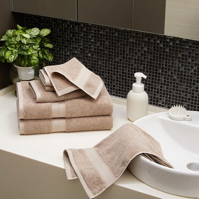 Amazon Basics Fade Resistant Bath, Hand and Washcloth Towel Set, 100% Cotton, Set of 6, 30 x 54 inches, Taupe