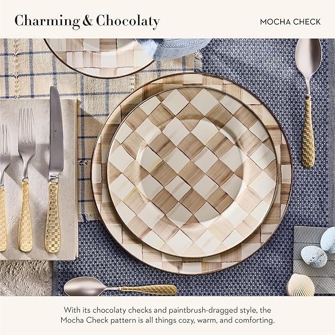 MACKENZIE-CHILDS Enamel Dinner Plate, Decorative Dinnerware Plate, 10 Inches, Brown-and-White Mocha Check