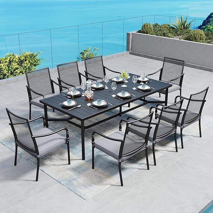 Patio Table and Chairs Set of 8, All-Weather Breathable Metal Mesh Patio Chair with Gourd-Shaped Armrests, 83x39 Rectangle Table with Umbrella Hole, 9 Pcs Metal Frame Patio Dining Set