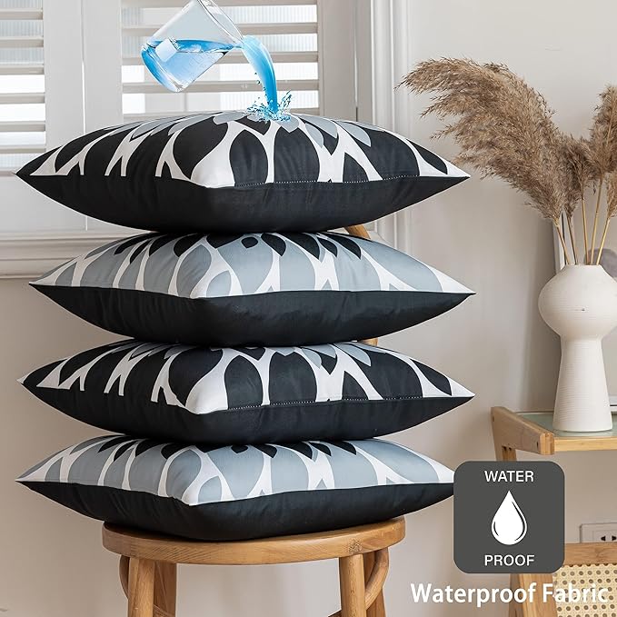 Qahing Pack of 4 Outdoor Waterproof Pillow Covers 18x18 Decorative Outdoor Throw Pillows Garden Square Cushion Cases for Patio Furniture, Couch, Tent Sunbrella, Bench, Black Grey