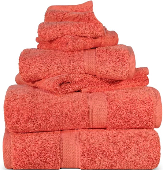 Superior Egyptian Cotton Pile 6 Piece Towel Set, Includes 2 Bath, 2 Hand, 2 Face Towels/Washcloths, Ultra Soft Luxury Towels, Thick Plush Essentials, Guest Bath, Spa, Hotel Bathroom, Coral
