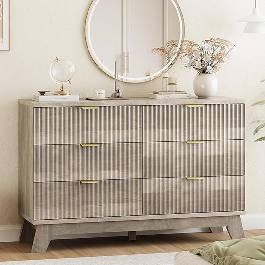 Fluted Dresser for Bedroom with 6 Drawers, 48" Wide Modern Chest of Drawers with Metal Handle, Wooden Dresser TV Stand, Wood Closet Clothes Storage Organizer for Living Room, Hallway, Grey