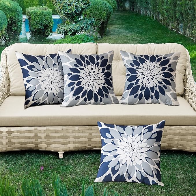 Qahing Pack of 4 Outdoor Waterproof Pillow Covers 22x22 Decorative Outdoor Throw Pillows Garden Square Cushion Cases for Patio Furniture, Couch, Tent Sunbrella, Bench, Navy Blue Grey