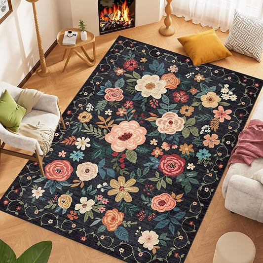 DUKINO 8x10 Area Rug, Floral Rugs for Living Room, Lightweight Non Slip Washable Rug, Indoor Low Pile & Non-Shedding Boho Design Rugs for Bedroom, Living Room, Dining Room, Black