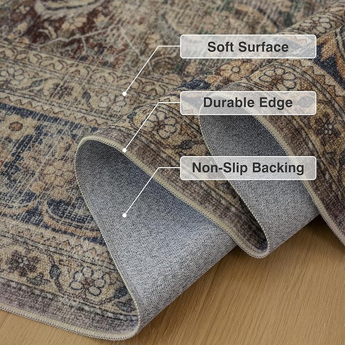 FMFUNCTEX 4x6 Washable Area Rug Neutral Vintage Brown Distressed Non Slip Low Pile Retro Indoor Carpet for Entryway Living Room Bedroom Soft Mat Throw Rug for Dining Office Kitchen Entryway, Multi