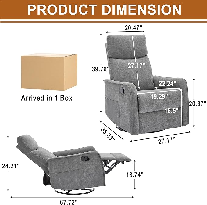 Manual 360° Swivel Rocker Recliner Chair for Adults, Overstuffed Glider Chair for Nursery with Vibration Massage and Heat, Comfy Soft Fabric Glider with Side Pockets for Living Room, Gray