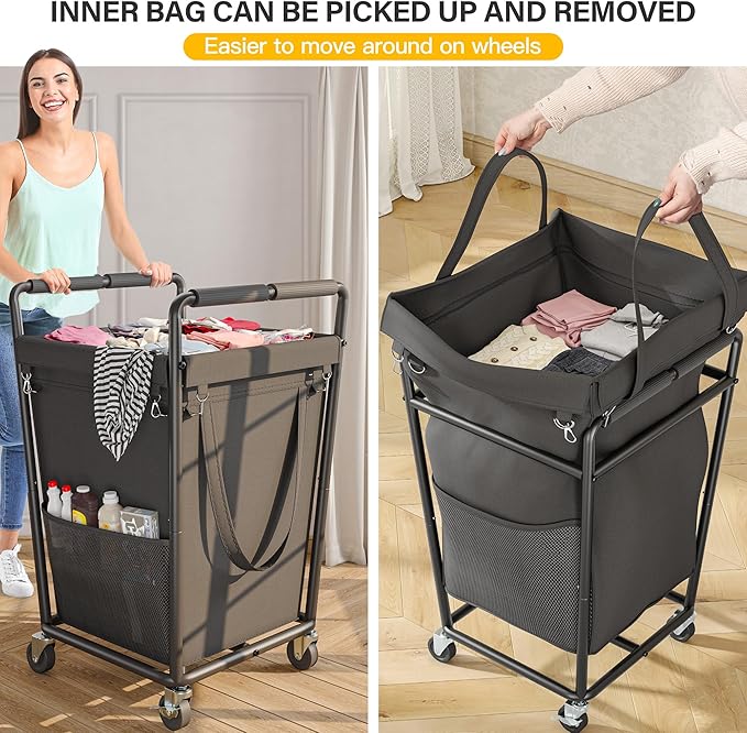 Laundry Basket with Wheels & Handles, 180L Laundry Cart with Removable Bag & Metal Frame for Clothes Storage, Laundry Room Organization Rolling Hamper with Wheels For Laundry, Dorm (Black)