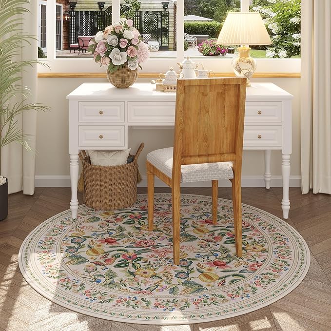 Round Rug 4ft Washable Circle Rug Non Slip Low Pile Vintage Floral Small Circular Rug for Bedroom, Bathroom, Entryway, Kids Room, Office, Beige