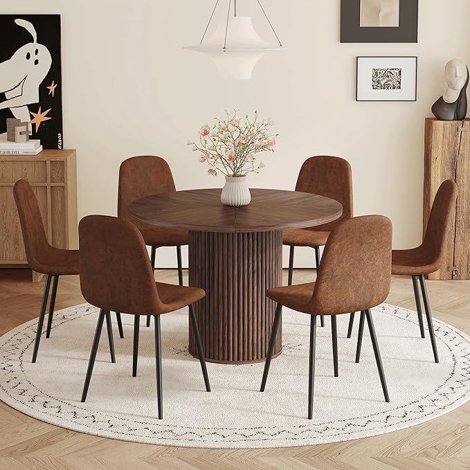 AZmac Round Dining Table Set for 6, Wooden Round Table 7-Piece with Modern Farmhouse Dining Table and 6 Suede Leather Chairs for Kitchen Dining Room, Walnut Table + 6 Brown Chairs