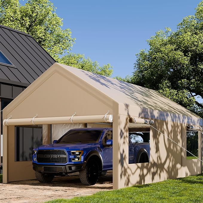 JAMFLY Carport, 12x20 ft Heavy Duty Carport with Roll-up Windows, Portable Garage with Removable Sidewalls & Doors, Car Canopy with Sandbags and All-Season Tarp for Car Boat Truck Motorcycle, Khaki