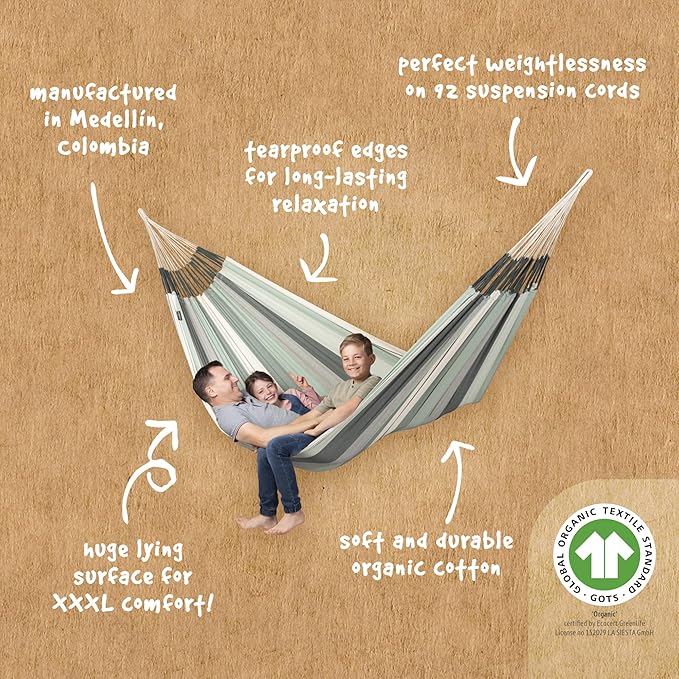 LA SIESTA Modesta Organic Cotton Hammock - Indoor/Outdoor Hammock for Bedroom, Backyard, Porch, Patio & Tree - Extra Large, 2 Person, Max 440 Lbs, Olive