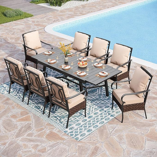 PHI VILLA Heavy Duty 9-Piece Patio Dining Sets, Expandable Outdoor Table and Chairs Set for 8, 8 Extra Large Dining Chairs, Rectangular Metal Dining Table for Deck, Backyard and Garden
