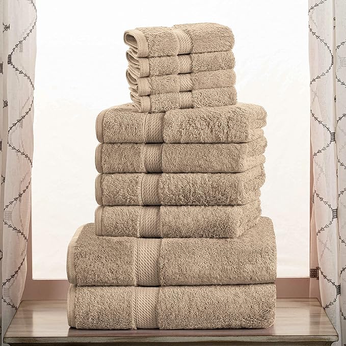 Superior Egyptian Cotton Pile 10 Piece Towel Set, Includes 2 Bath, 4 Hand, 4 Face Towels/Washcloths, Ultra Soft Luxury Towels, Thick Plush Essentials, Guest Bath, Spa, Hotel Bathroom, Latte