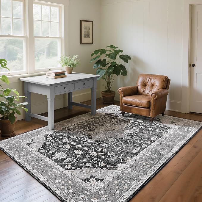 Living Room Rug 6x9 Rug, Machine Washable Area Rug Non Slip Low Pile Vintage Rug for Living Room, Bedroom, Farmhouse, Dining Room, Kids Playroom, Grey