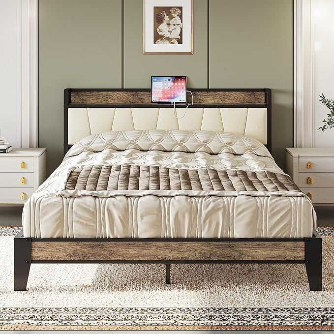 LIKIMIO Queen Bed Frame, Storage Headboard with Charging Station, Solid and Stable, Noise Free, No Box Spring Needed, Easy Assembly (Walnut and Beige)