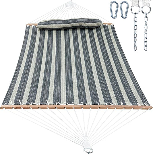 2 Person Hammocks for Outside, Double Quilted Fabric Outdoor Hammock with Spreader Bar, Large Removable Pillow, Storage Pockets, Carabiners, Max 475 lbs Capacity (Slate Grey)