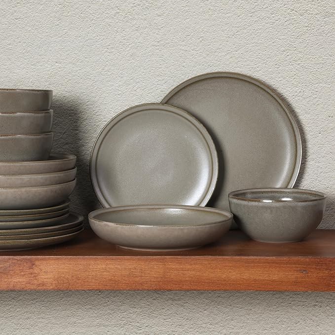 Gibson Elite Beckett Stoneware Matte Reactive Glaze 16 Piece (Service for 4) Plates and Bowls Dinnerware Set - Grey