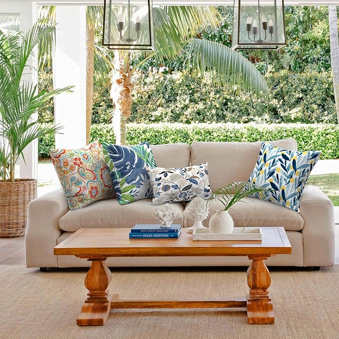 Outdoor Throw Pillows with Inners, All Weather Patio Pillows Set of 2, Square Pillows Decorative for Home Garden Furniture, 20x20 Inch, Islamorada Blue Green