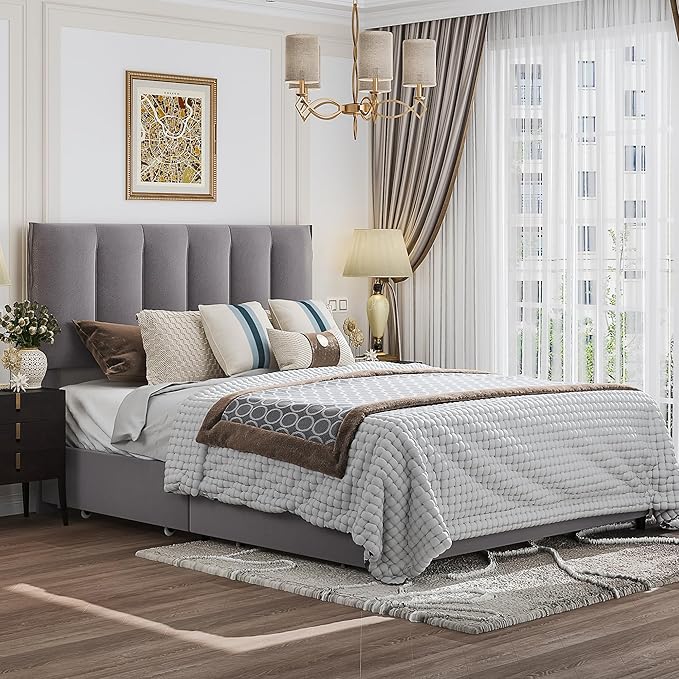 VECELO Queen Upholstered Bed Frame with 4 Storage Drawers and Adjustable Velvet Headboard, Heavy-Duty Platform bedframe, No Box Spring Needed, Dark Grey