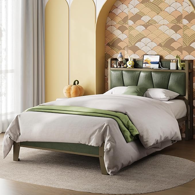 LIKIMIO Twin XL Bed Frame, Storage Headboard with Charging Station, Solid and Stable, Noise Free, No Box Spring Needed, Easy Assembly (Dark Green)