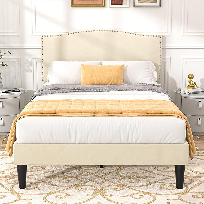 VECELO Twin Bed Frame Platform Bed Frame with Upholstered Headboard, Strong Frame and Wooden Slats Support, Strong Weight Capacity, Non-Slip and Noise-Free, Easy Assembly,Beige