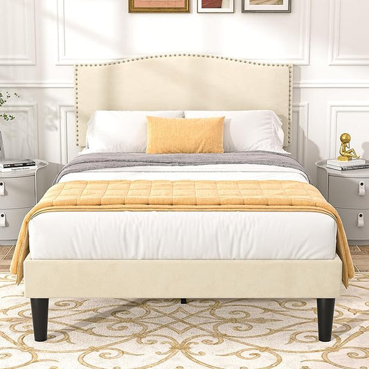 VECELO Twin Bed Frame Platform Bed Frame with Upholstered Headboard, Strong Frame and Wooden Slats Support, Strong Weight Capacity, Non-Slip and Noise-Free, Easy Assembly,Beige