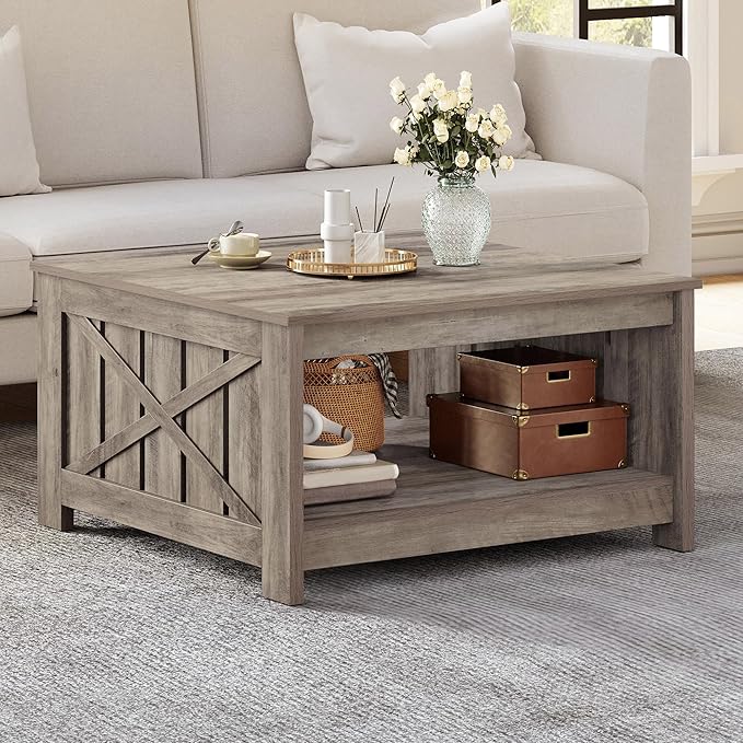 YITAHOME Coffee Tables for Living Room, Farmhouse Coffee Table with Storage Rustic Wood Cocktail Table, Square Coffee Tables for Living Meeting Room with Half Open Storage Compartment, Rustic Grey