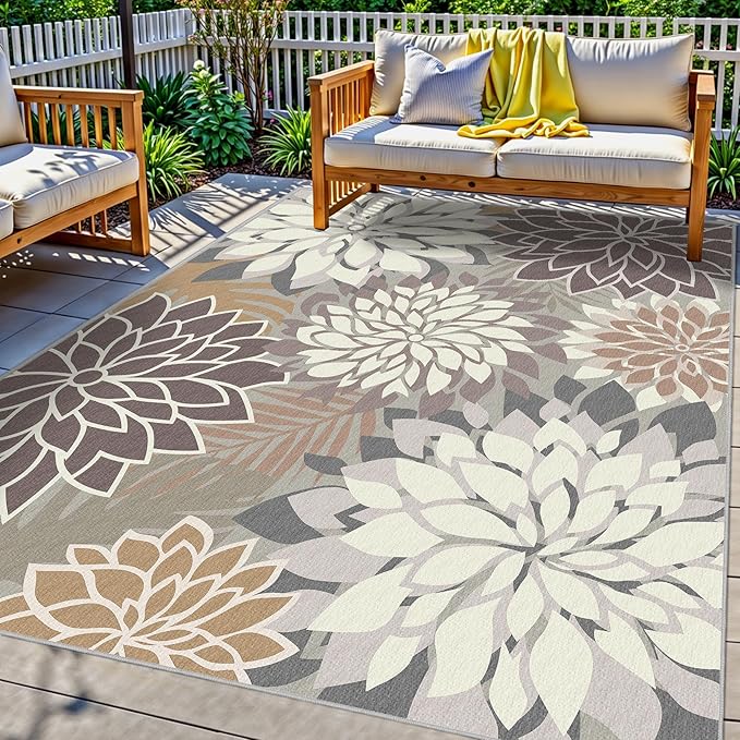 Indoor Outdoor Area Rug Washable Multicolored Patio Rug Tropical Botanical Modern Floral Indoor Outdoor Carpet Brown White Rug Non Slip Non Shedding for Patio, Deck, Backyard, Porch (8x10)