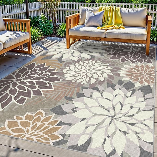 Indoor Outdoor Area Rug Washable Multicolored Patio Rug Tropical Botanical Modern Floral Indoor Outdoor Carpet Brown White Rug Non Slip Non Shedding for Patio, Deck, Backyard, Porch (5x8)