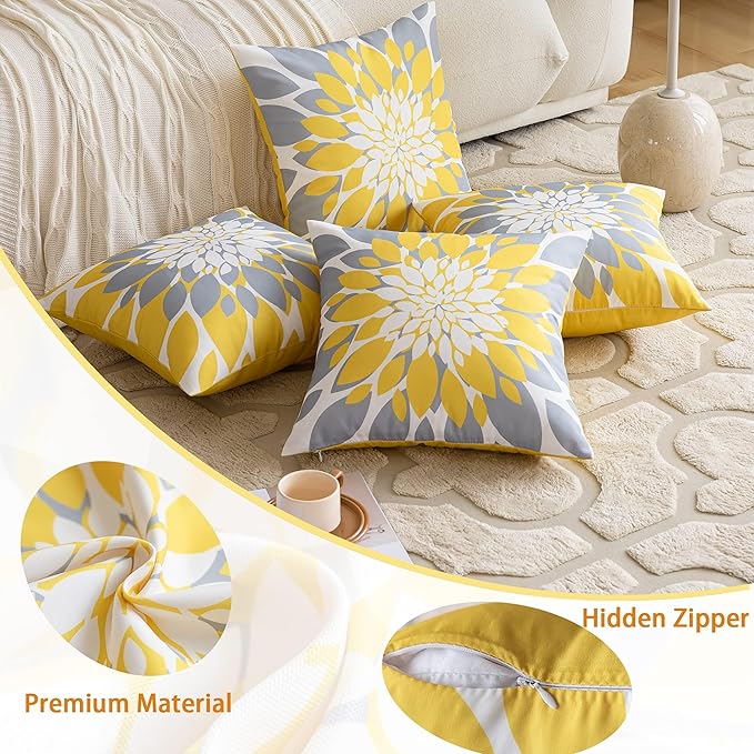 Qahing Pack of 4 Fall Outdoor Waterproof Pillow Covers 20x20 Decorative Outdoor Throw Pillows Garden Square Cushion Cases for Patio Furniture, Couch, Tent Sunbrella, Bench, Mustard Yellow Grey