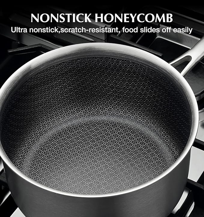 KOCH SYSTEME CS Hybrid Nonstick Stainless Steel Saucepan Set, 6-Piece Triply Stainless Steel Saucepan Set with Hybrid Honeycomb Interior, 1QT & 2QT & 3QT Sauce Pans, Induction Ready, Steel Pot Set