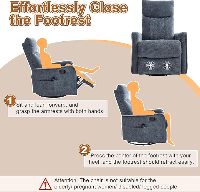 Manual Swivel Rocker Recliner Chair for Adults, Overstuffed Recliner Glider with Massage and Heat, Living Room Reclining Chair, Fabric Blue