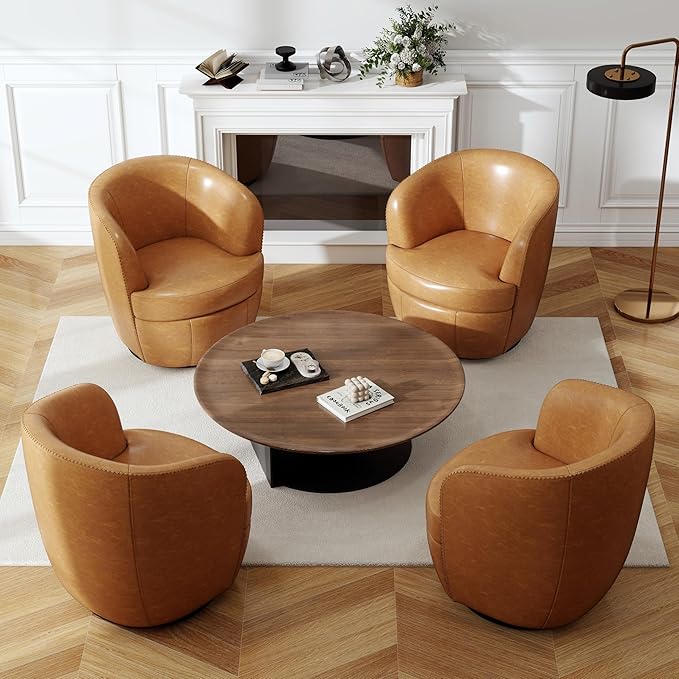 Swivel Barrel Chair, Modern Round PU Leather Accent Armchair for Living Room, Bedroom, Comfy Club Reading Chairs for Adults (Leather Light Brown, Set of 1)
