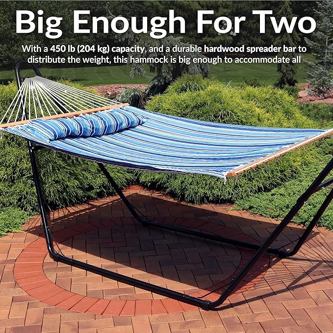 Sunnydaze Quilted Outdoor Hammock with Spreader Bars - Heavy-Duty 450-Pound Capacity Double Hammock for Outside - Breakwater Stripe