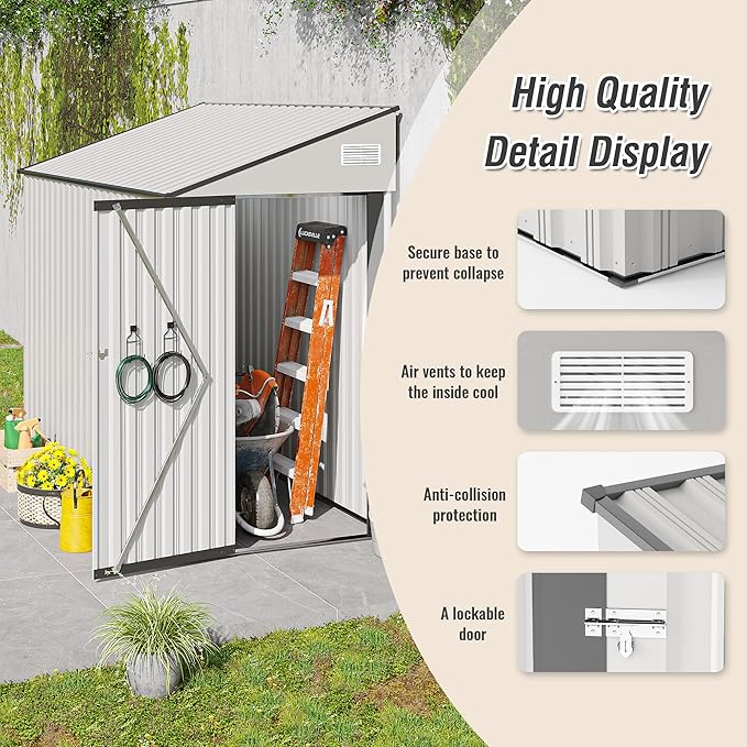 4x8 ft Lean to Shed, Outdoor Storage Shed with Lockable Door and Vents, Metal Storage Shed with 6 Vents, Outside Garden Tool Shed for Backyard, Patio, Wall Side Design (White)